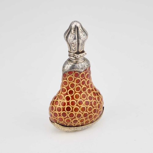 791 - A CONTINENTAL SILVER AND ENAMEL SCENT BOTTLE, 19TH CENTURY of bellied form with enamelling, featurin... 