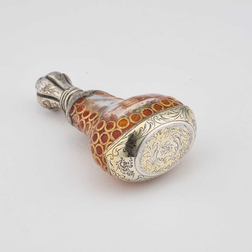 791 - A CONTINENTAL SILVER AND ENAMEL SCENT BOTTLE, 19TH CENTURY of bellied form with enamelling, featurin... 