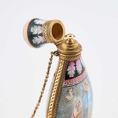 792 - A FINE FRENCH GOLD AND ENAMEL SCENT BOTTLE, 19TH CENTURY the compressed oval body decorated to eithe... 