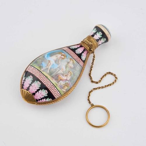 792 - A FINE FRENCH GOLD AND ENAMEL SCENT BOTTLE, 19TH CENTURY the compressed oval body decorated to eithe... 