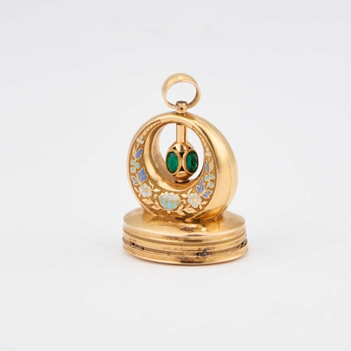 796 - A SWISS GOLD AND ENAMEL MUSICAL FOB SEAL, GENEVA, CIRCA 1820 the oval seal enclosing the movement, t... 