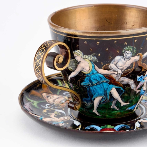 800 - A LATE 19TH CENTURY LIMOGES ENAMEL CUP AND SAUCER, IN 16TH CENTURY STYLE each decorated in polychrom... 