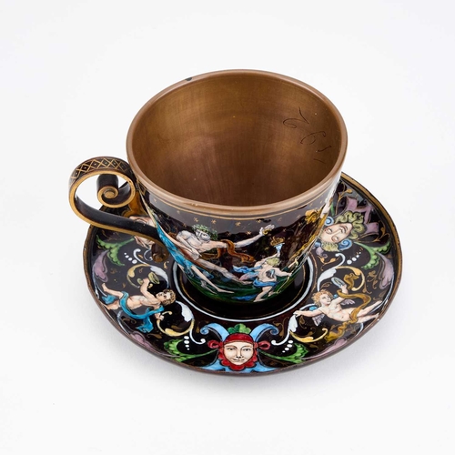 800 - A LATE 19TH CENTURY LIMOGES ENAMEL CUP AND SAUCER, IN 16TH CENTURY STYLE each decorated in polychrom... 