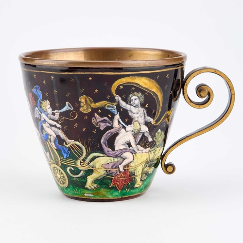 800 - A LATE 19TH CENTURY LIMOGES ENAMEL CUP AND SAUCER, IN 16TH CENTURY STYLE each decorated in polychrom... 