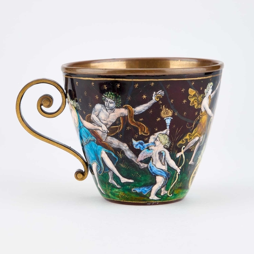 800 - A LATE 19TH CENTURY LIMOGES ENAMEL CUP AND SAUCER, IN 16TH CENTURY STYLE each decorated in polychrom... 