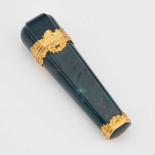 805 - A MID-18TH CENTURY JEWELLED GOLD-MOUNTED BLOODSTONE ETUI maker’s mark JB or IB crowned, London, c.17... 