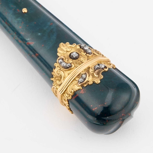 805 - A MID-18TH CENTURY JEWELLED GOLD-MOUNTED BLOODSTONE ETUI maker’s mark JB or IB crowned, London, c.17... 