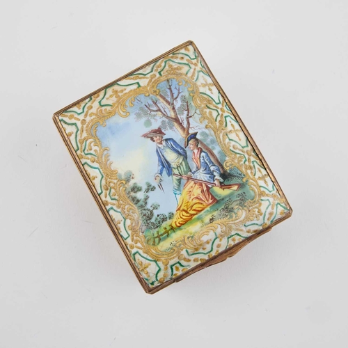 806 - A LARGE 18TH CENTURY ENAMEL SNUFF BOX rectangular, the hinged cover painted in polychrome enamels wi... 