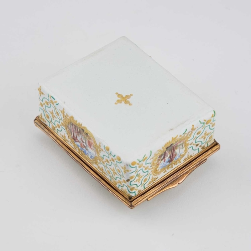 806 - A LARGE 18TH CENTURY ENAMEL SNUFF BOX rectangular, the hinged cover painted in polychrome enamels wi... 