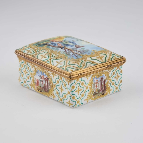 806 - A LARGE 18TH CENTURY ENAMEL SNUFF BOX rectangular, the hinged cover painted in polychrome enamels wi... 