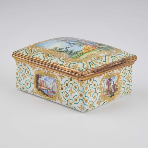 806 - A LARGE 18TH CENTURY ENAMEL SNUFF BOX rectangular, the hinged cover painted in polychrome enamels wi... 