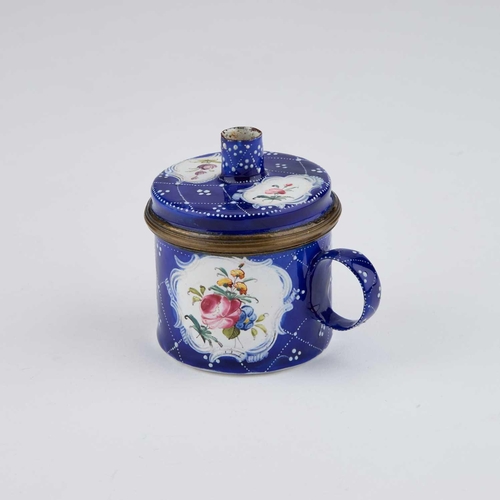 807 - A SOUTH STAFFORDSHIRE ENAMEL BOUGIE BOX OR TAPER BOX AND COVER, CIRCA 1770 cylindrical form, the cov... 