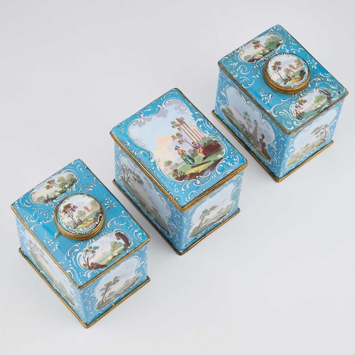 808 - A PAIR OF ENGLISH ENAMEL TEA CADDIES AND A SUGAR BOX, SOUTH STAFFORDSHIRE, CIRCA 1770 comprising a r... 