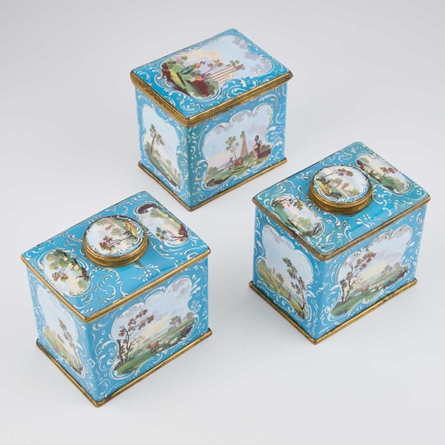 808 - A PAIR OF ENGLISH ENAMEL TEA CADDIES AND A SUGAR BOX, SOUTH STAFFORDSHIRE, CIRCA 1770 comprising a r... 