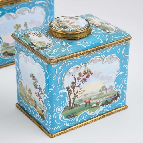 808 - A PAIR OF ENGLISH ENAMEL TEA CADDIES AND A SUGAR BOX, SOUTH STAFFORDSHIRE, CIRCA 1770 comprising a r... 