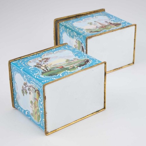 808 - A PAIR OF ENGLISH ENAMEL TEA CADDIES AND A SUGAR BOX, SOUTH STAFFORDSHIRE, CIRCA 1770 comprising a r... 