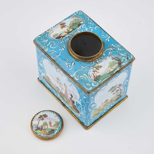 808 - A PAIR OF ENGLISH ENAMEL TEA CADDIES AND A SUGAR BOX, SOUTH STAFFORDSHIRE, CIRCA 1770 comprising a r... 