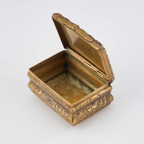 811 - AN 18TH CENTURY GILT-METAL AND ENAMEL SNUFF BOX rectangular with waisted sides, flat-chased with scr... 