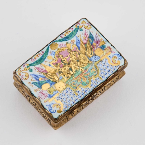 811 - AN 18TH CENTURY GILT-METAL AND ENAMEL SNUFF BOX rectangular with waisted sides, flat-chased with scr... 