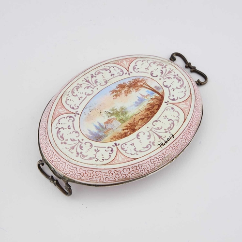 812 - A VIENNESE SILVER AND ENAMEL MINIATURE TWO-HANDLED TRAY, BY LUDWIG POLITZER, CIRCA 1870 oval, painte... 