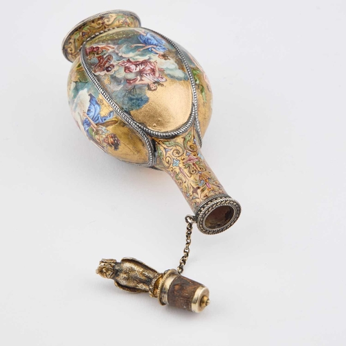 814 - A VIENNESE ENAMEL SCENT BOTTLE, LATE 19TH CENTURY the lobed body decorated with allegorical scenes, ... 