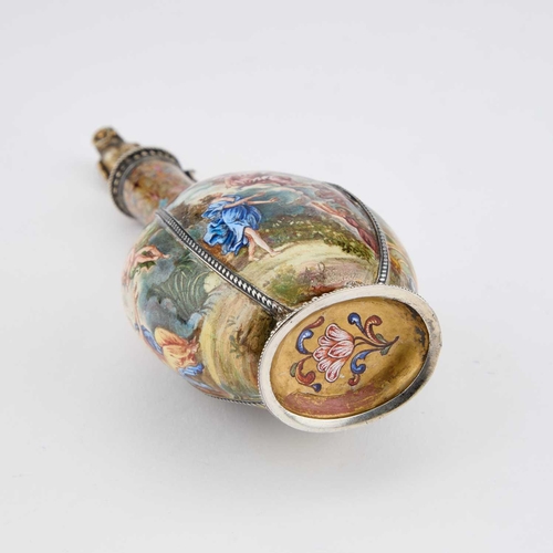 814 - A VIENNESE ENAMEL SCENT BOTTLE, LATE 19TH CENTURY the lobed body decorated with allegorical scenes, ... 