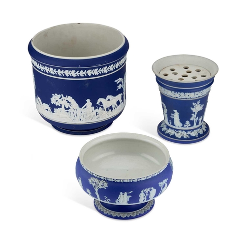 82 - A WEDGWOOD BLUE JASPER BOUGH POT together with a Wedgwood blue jasper footed bowl and an Adams blue ... 