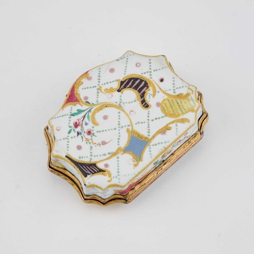 822 - AN 18TH CENTURY ENAMEL SNUFF BOX cartouche-shaped, decorated with flowers and diapering in polychrom... 