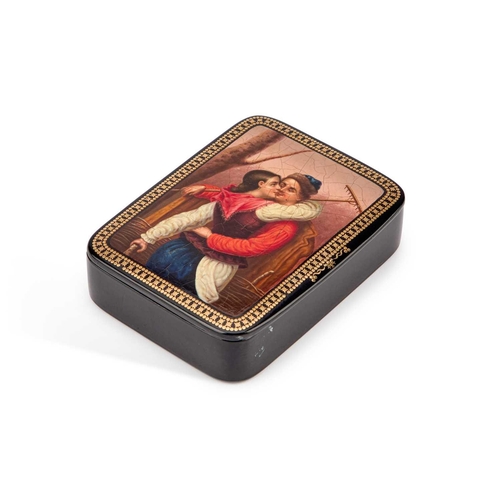 826 - A RUSSIAN LACQUER BOX, CIRCA 1910 rectangular with rounded corners, the hinged cover painted with a ... 