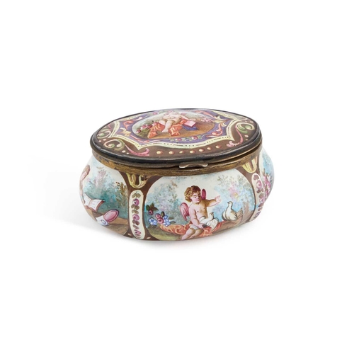 827 - A VIENNESE ENAMEL BOX, LATE 19TH CENTURY of lobed oval form with a hinged cover, decorated with alle... 