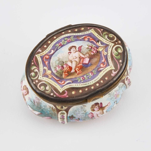 827 - A VIENNESE ENAMEL BOX, LATE 19TH CENTURY of lobed oval form with a hinged cover, decorated with alle... 