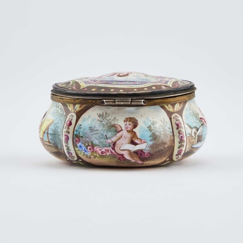 827 - A VIENNESE ENAMEL BOX, LATE 19TH CENTURY of lobed oval form with a hinged cover, decorated with alle... 