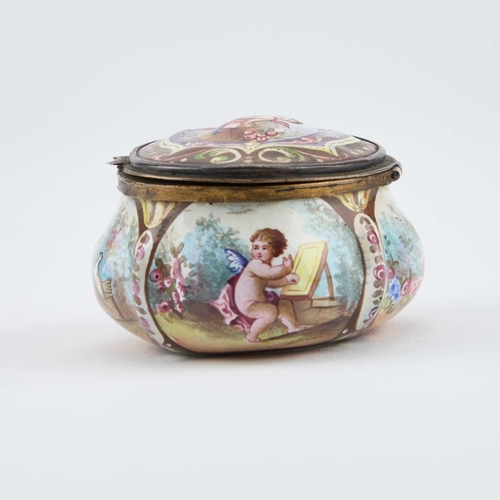 827 - A VIENNESE ENAMEL BOX, LATE 19TH CENTURY of lobed oval form with a hinged cover, decorated with alle... 