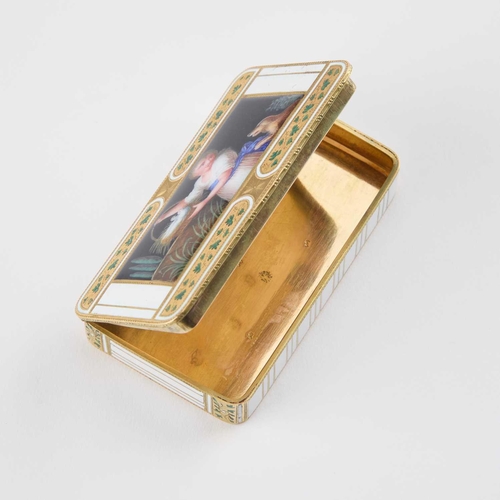 828 - A GERMAN GOLD AND ENAMEL SNUFF BOX, HANAU, CIRCA 1800 maker's mark FJ, rectangular, the hinged cover... 