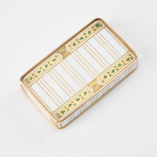 828 - A GERMAN GOLD AND ENAMEL SNUFF BOX, HANAU, CIRCA 1800 maker's mark FJ, rectangular, the hinged cover... 