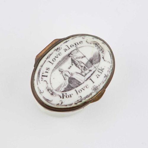 829 - A BILSTON ENAMEL PATCH BOX, CIRCA 1780 oval, the hinged cover inscribed TIS LOVE ALONE FOR LOVE I AS... 