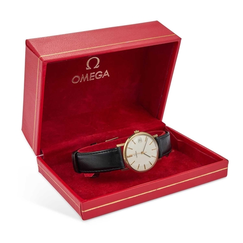 833 - A GENTS 9CT GOLD OMEGA STRAP WATCH the circular silver dial signed Omega with black/ gilt baton indi... 