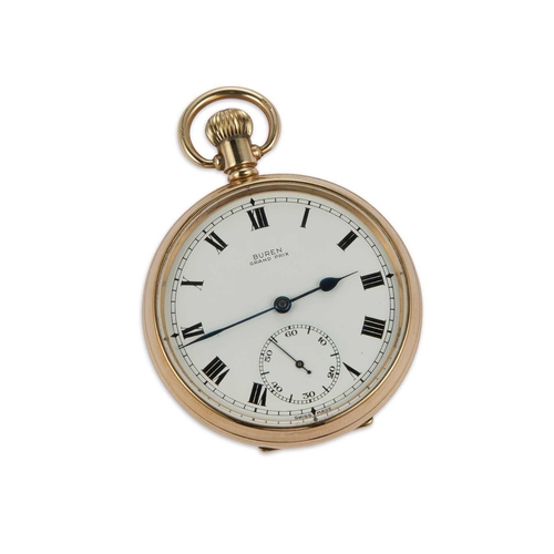 835 - A 9CT GOLD OPEN FACED BUREN POCKET WATCH the circular white enamel dial signed Buren Grand Prix Swis... 