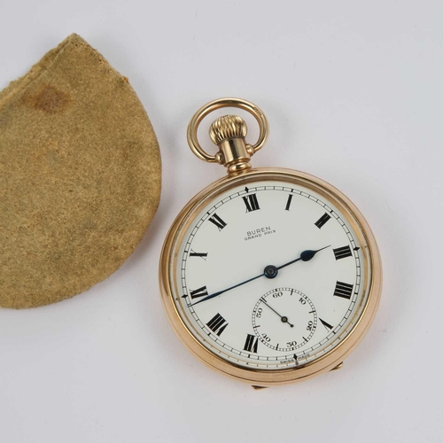 835 - A 9CT GOLD OPEN FACED BUREN POCKET WATCH the circular white enamel dial signed Buren Grand Prix Swis... 