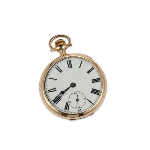 836 - A 14K GOLD ROLEX OPEN FACED POCKET WATCH the unsigned white enamel dial with black Roman indices and... 