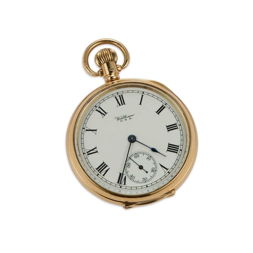 838 - A FINE 18CT GOLD WALTHAM OPEN FACE POCKET WATCH the circular white enamel dial signed Waltham U.S.A.... 