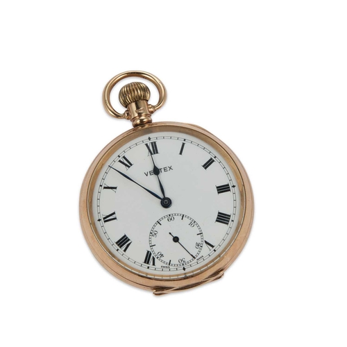 839 - A 9CT GOLD VERTEX OPEN FACED POCKET WATCH the circular white enamel dial signed Vertex with black Ro... 