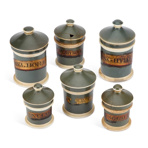 84 - A GROUP OF LATE 19TH/ EARLY 20TH CENTURY CERAMIC CHEMISTS JARS in green lustre glaze with gilt label... 
