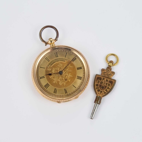 842 - AN 18K GOLD FOB WATCH the circular gilt dial signed A Robert-Stauffer & Fils Chaux de Fonds, bla... 