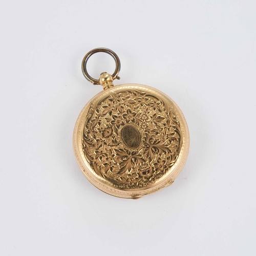 842 - AN 18K GOLD FOB WATCH the circular gilt dial signed A Robert-Stauffer & Fils Chaux de Fonds, bla... 