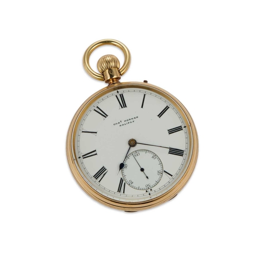 844 - AN 18CT GOLD OPEN FACED POCKET WATCH the circular white enamel dial signed Chas. Horner Halifax, wit... 