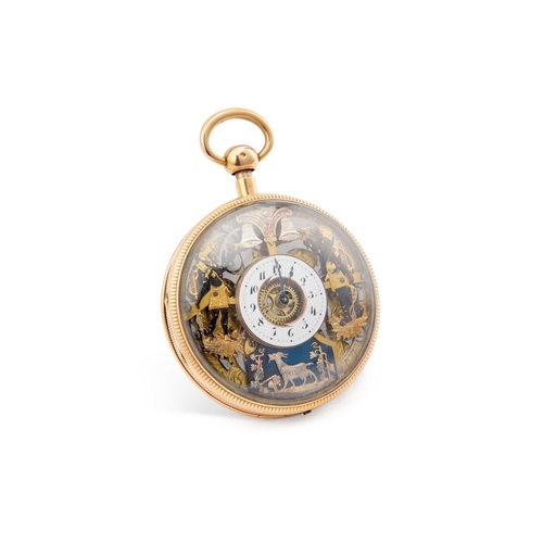 845 - A SWISS GOLD QUARTER REPEATING AUTOMATON WATCH WITH JACQUEMARTS AND CONCEALED EROTIC SCENE c.1810, g... 