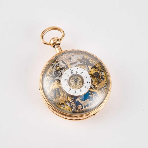 845 - A SWISS GOLD QUARTER REPEATING AUTOMATON WATCH WITH JACQUEMARTS AND CONCEALED EROTIC SCENE c.1810, g... 