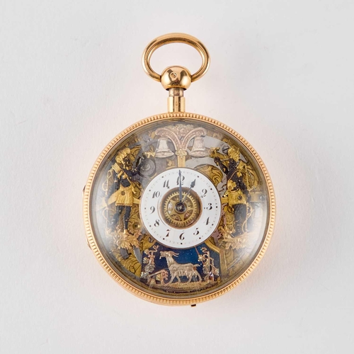 845 - A SWISS GOLD QUARTER REPEATING AUTOMATON WATCH WITH JACQUEMARTS AND CONCEALED EROTIC SCENE c.1810, g... 