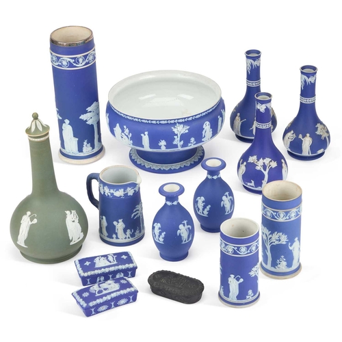 86 - A LARGE COLLECTION OF WEDGWOOD JASPERWARE 19th Century and later, including a footed bowl, a silver-... 